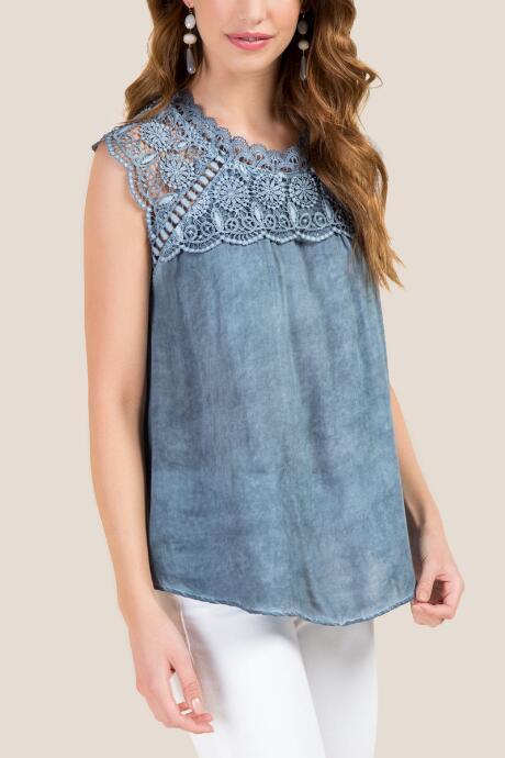 Francesca's Karen Crochet Mineral Wash Top - Light Blue