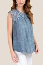 Francesca's Karen Crochet Mineral Wash Top - Light Blue