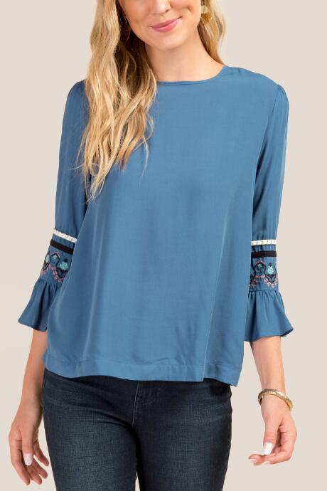 Francesca's Helen Embroidered Ruffle Sleeve Blouse - Dark Teal