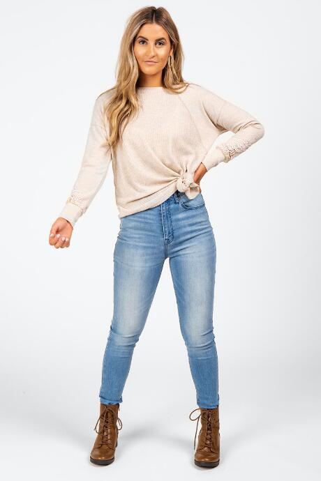 Francesca's Dawsyn Crochet Sleeve Top - Heather Oat