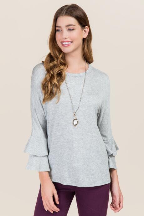Sweet Claire Inc. Nannette Triple Tier Ruffle Tie Back Sweatshirt - Heather Gray