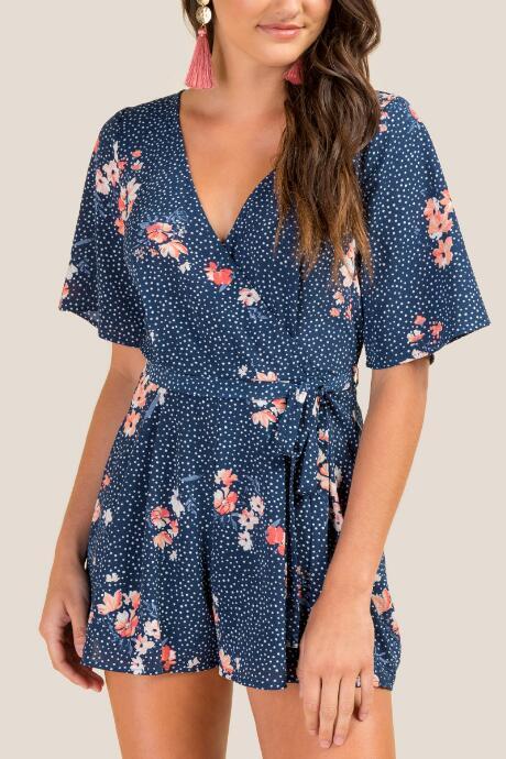 Francesca's Samantha Floral Polka Dot Romper - Navy