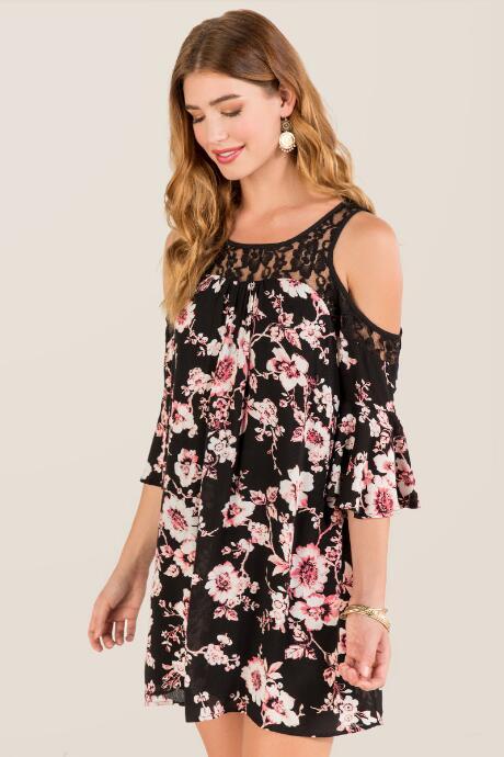 Blue Rain Elena Lace Cold Shoulder Floral Shift Dress - Black