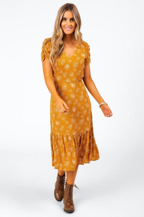 Francesca's Addie Abstract Floral Wrap Dress - Mustard