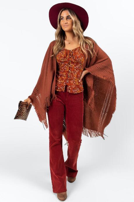 Francesca's Camille Solid Fringe Poncho - Rust