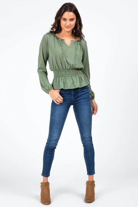 Francesca's Felisha Crochet Trim Peplum Blouse - Sage