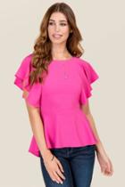 Blue Rain Marnie Flounce Sleeve Peplum Blouse - Neon Pink