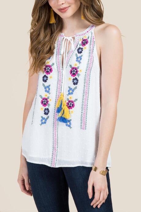 Francesca's Daphne Embroidered Tassel Top - White