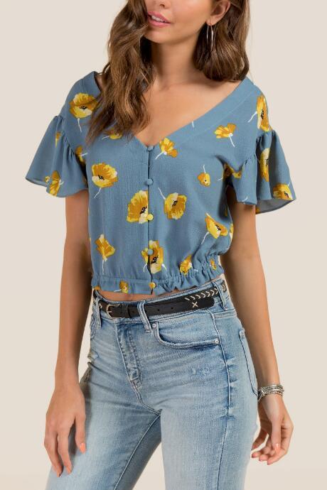 Francesca Inchess Natasha Ruffle Trim Button Down Blouse - Blue