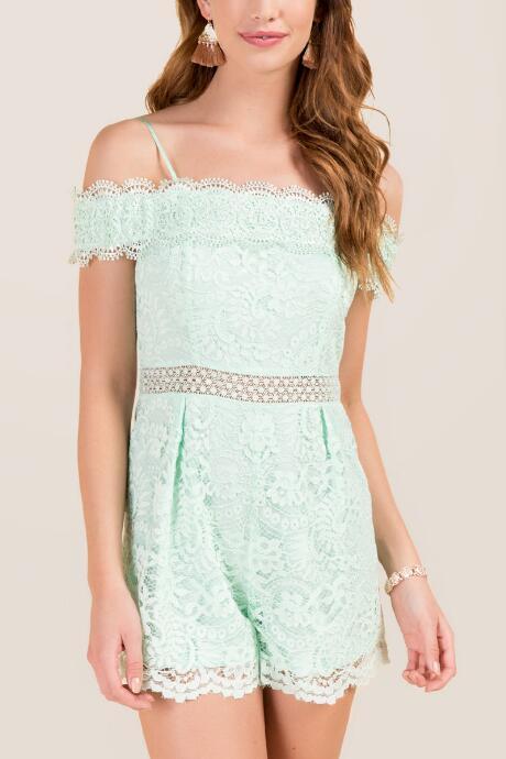 Francesca's Noelle Off The Shoulder Crochet Lace Romper - Mint