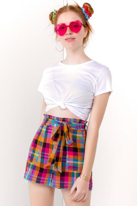 Francesca's Mina Tie Waist Plaid Shorts - Multi