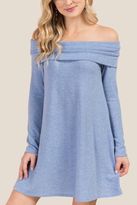 Alya Izzie Off Shoulder Hacci Knit Dress - Oxford Blue
