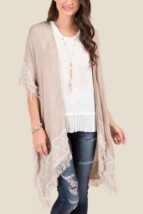 Francesca's Jolie Tan Fringe Ruana - Beige