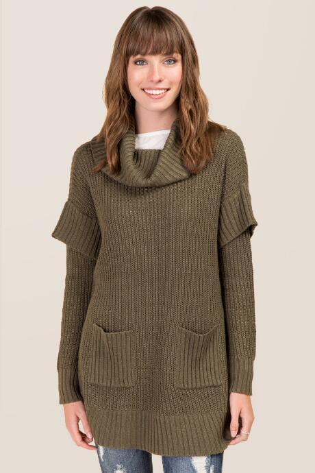Francesca's Romy Cowl Neck Poncho - Dark Olive