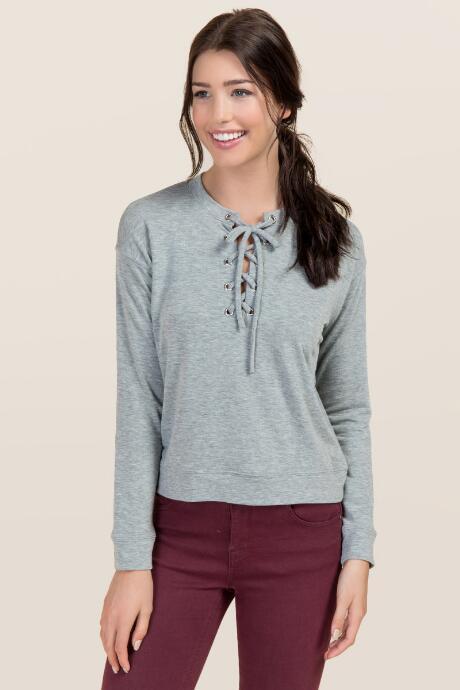 Jolie Adela Long Sleeve Lattice Sweatshirt - Heather Gray