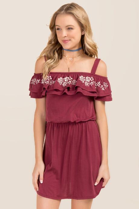 Francesca's Ally Embroidered A-line Dress - Wine