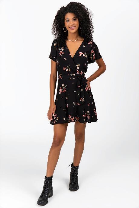 Francesca's Fannie Floral Front Tie Godet Dress - Black