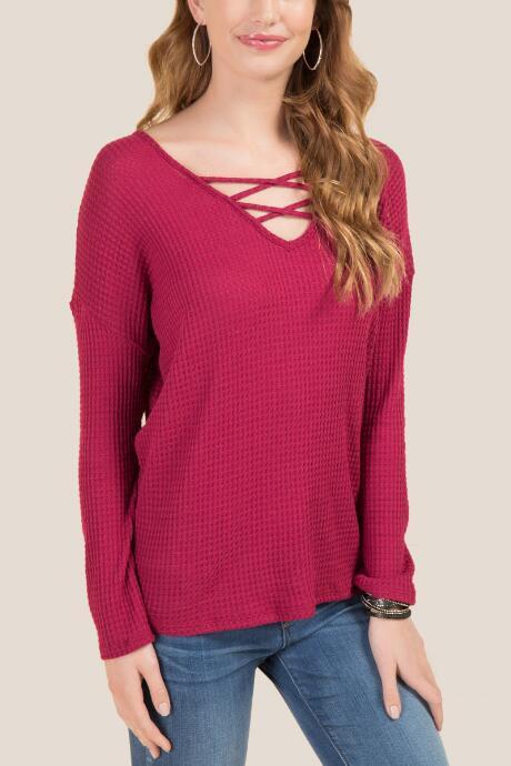 Francesca's Nova Waffle Knit Lattice Top - Burgundy