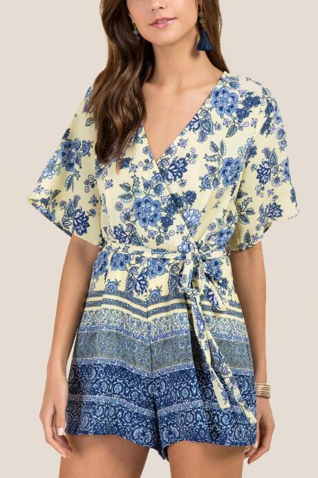 Francesca's Kailey Floral Print Tie Waist Romper - Lemonade