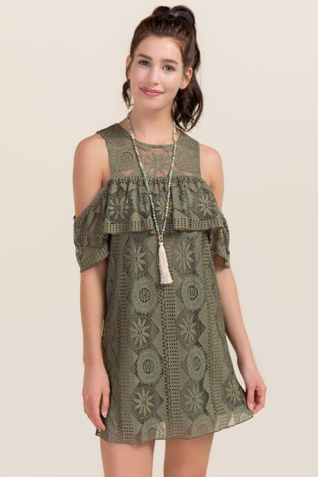 Mi Ami Cecile Cold Shoulder Lace Dress - Dark Olive