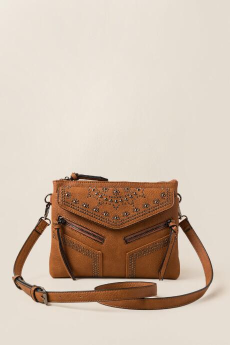 Francesca's Lenna Studded Double Zip Crossbody - Cognac