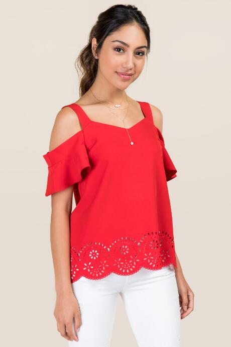 Blue Rain Danae Laser Cut Out Cold Shoulder Top - Red