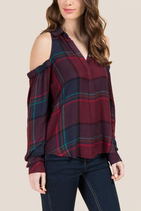 Francesca's Eldora Smocked Sleeve Plaid Button Down - Burgundy