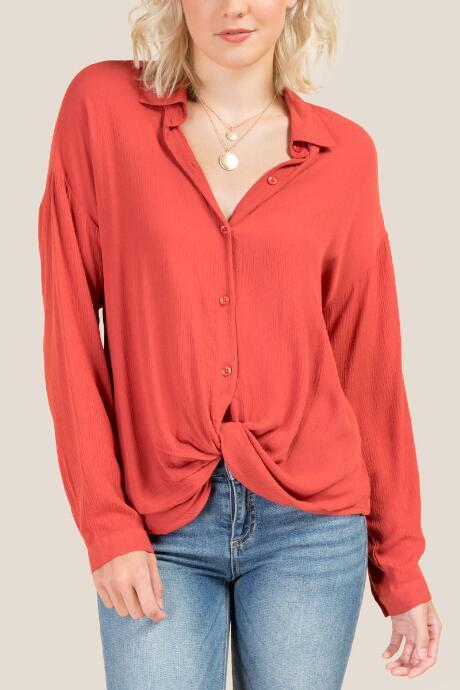 Francesca's Cadence Twist Front Button Down Top - Cinnamon