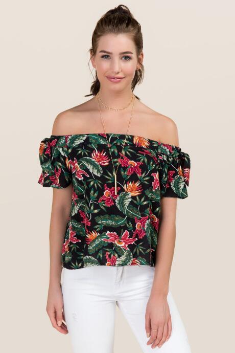 Francesca's Sophy Off The Shoulder Tropical Flower Top - Black