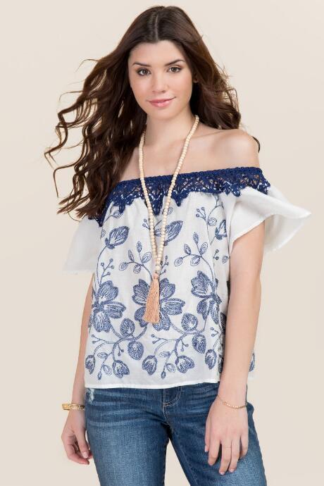 Blue Rain Gracelynn Floral Embroidered Off The Shoulder Top - White
