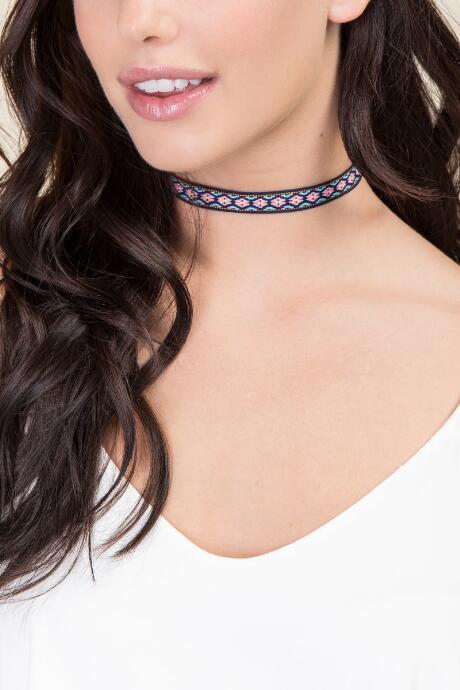 Francesca's Indigo Embroidered Choker - Neon Pink