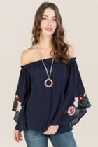 Gusb Lala Floral Embroidered Bell Sleeve Off Shoulder Top - Navy