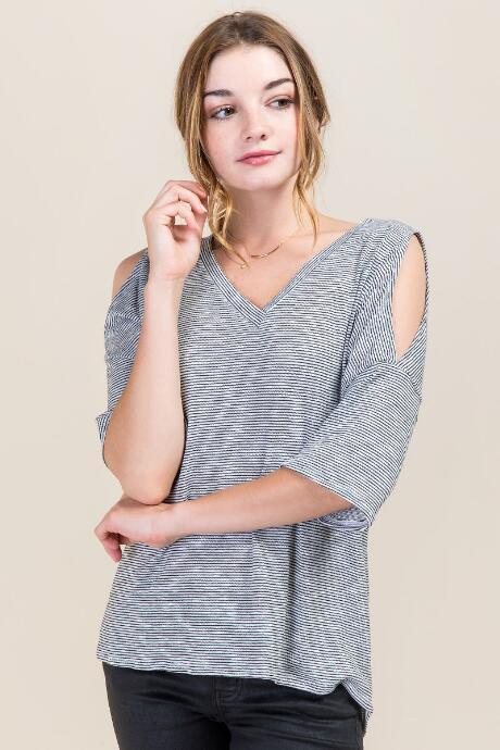 Dee Elle Julianna Striped Cold Shoulder Knit Tee - Black/white