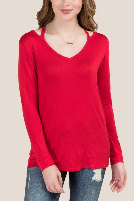Jolie Clothing, Inc. Simone Long Sleeve Cut Out Basic Tee - Red