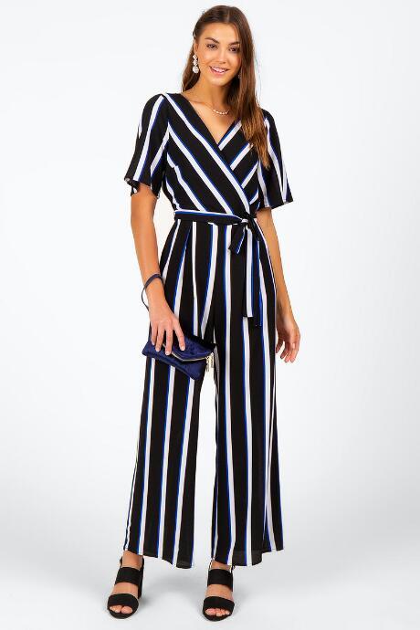 Francesca's Olympia Bold Stripe Jumpsuit - Black