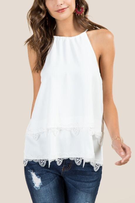Francesca Inchess Anna Halter Neck Double Layer Lace Trim Tank - White