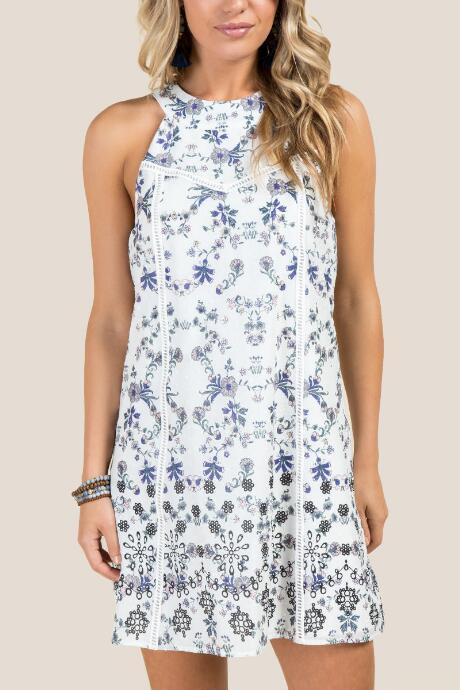Francesca's Mila Floral Swiss Dot Border Shift Dress - Ivory