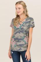 Teenplo Clothing, Inc Louisa X Neck Floral Camo French Terry Tee - Olive