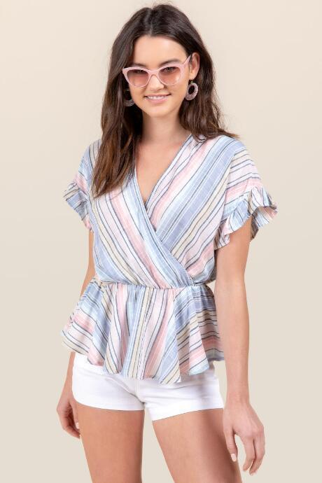 Francesca's Corinne Striped Peplum Blouse - Chambray
