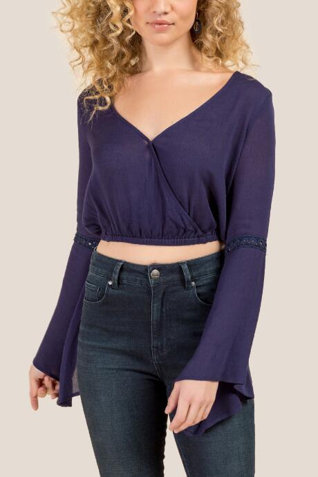 Francesca Inchess Elle Cropped Crochet Bell Sleeve Top - Ink Navy