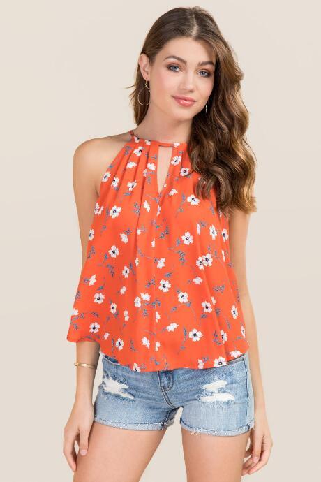 Blue Rain Eudora High Neck Floral Tank - Red