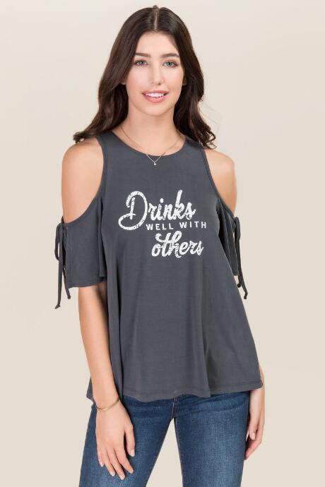 Alya Drinks Well With Others Cold Shoulder Cupro Graphic Tee - Black