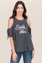 Alya Drinks Well With Others Cold Shoulder Cupro Graphic Tee - Black