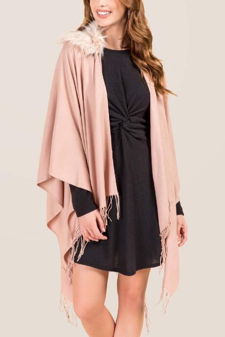 Francesca's Eva Fur Collar Ruana - Blush
