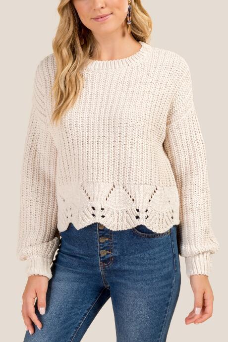 Francesca's Samara Pointelle Scallop Hem Sweater - Ivory
