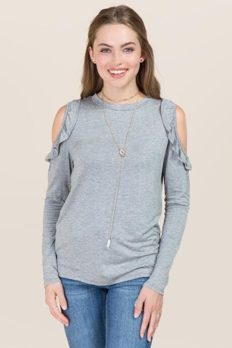 Jolie Rianne Ruffle Cold Shoulder Long Sleeve Tee - Heather Gray