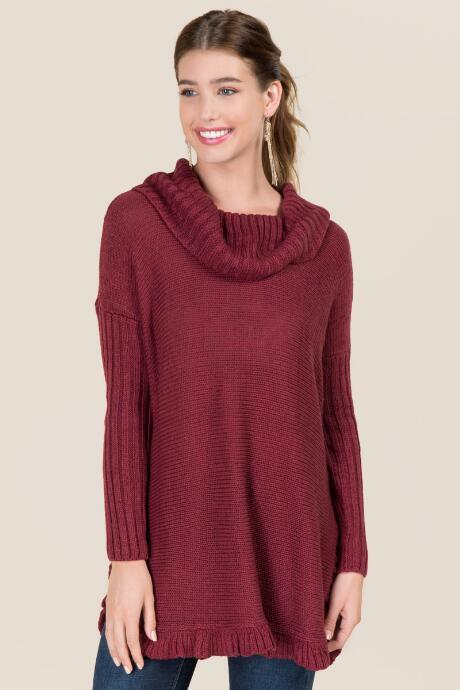 Francesca's Marika Cowl Neck Poncho - Wine
