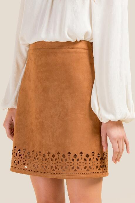 Francesca's Bryce Laser Cut Hem Skirt - Cognac