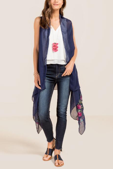 Francescas Denny Embroidered Ruana Vest - Navy