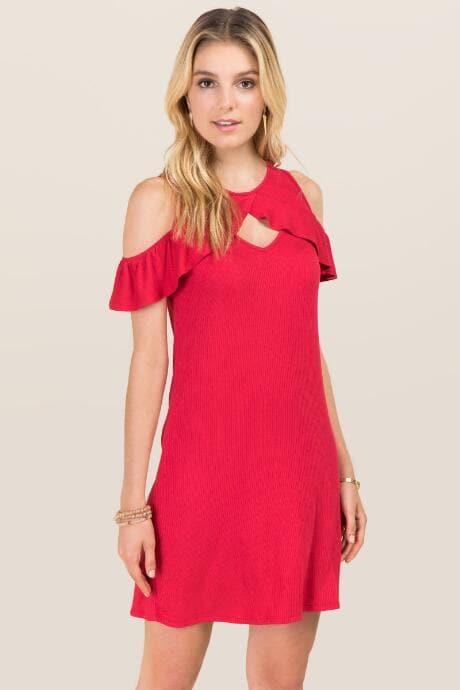 Alya Yvette Ruffle Cold Shoulder Dress - Red